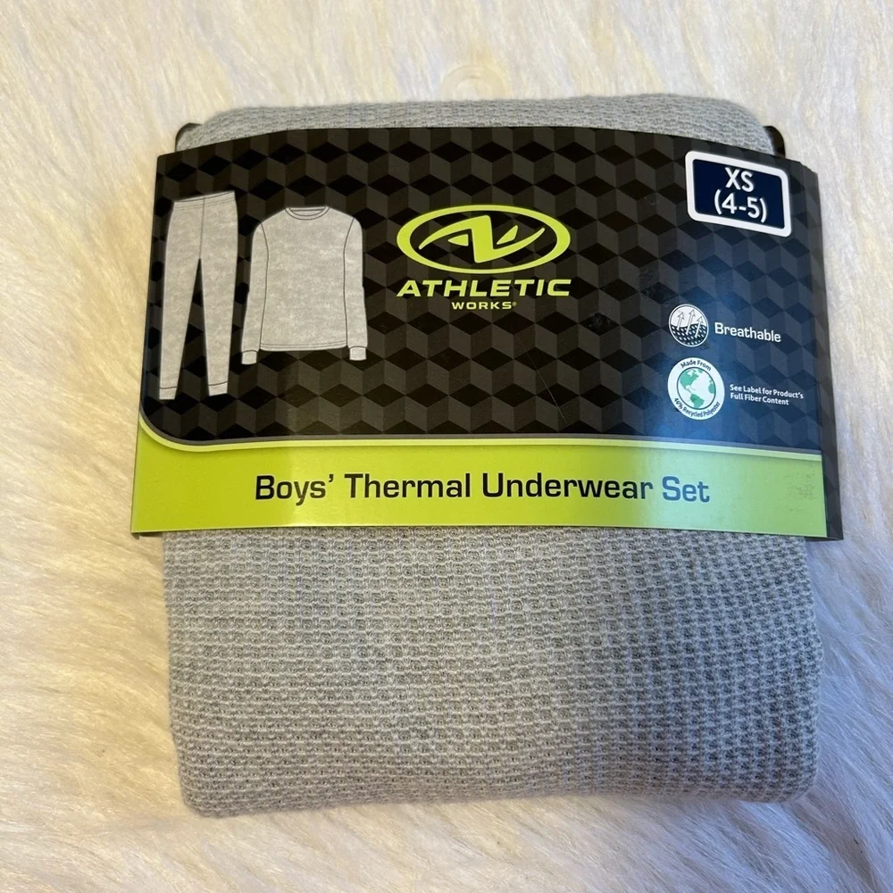 Athletic Works Thermal Underwear Set Boy's Size XS (4-5) Grey Waffle Pajamas Set